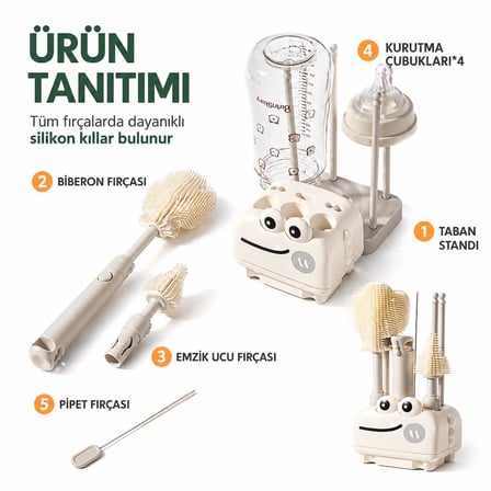 Valkyrie 8 Parça Silikon Biberon Temizleme Fırça Seti Kurutma Standlı Emzik Pipet Şişe Beyaz