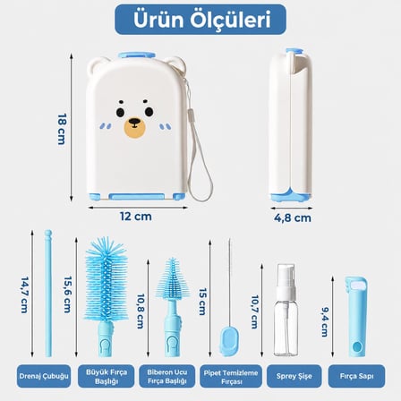 Valkyrie Ayıcık Seyahat Biberon Emzik Pipet Temizleme Seti Silikon Fırça Kurutma Standı Taşıma Kutusu