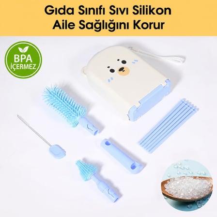 Valkyrie Ayıcık Seyahat Biberon Emzik Pipet Temizleme Seti Silikon Fırça Kurutma Standı Taşıma Kutusu