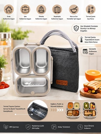 Valkyrie 304 Paslanmaz Çelik 3 Bölmeli Lunch Box Termal Çantalı – Sızdırmaz Kapaklı Beslenme Kabı