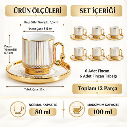 Valkyrie 12 Parça 6 Kişilik Türk Kahvesi Fincan Takımı 80ml Gold Detaylı 6 Fincan 6 Tabak K651-A