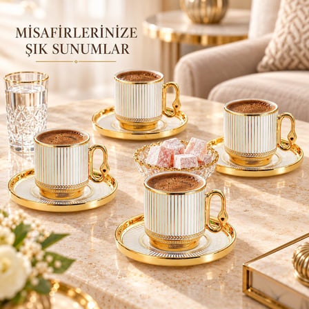 Valkyrie 12 Parça 6 Kişilik Türk Kahvesi Fincan Takımı 80ml Gold Detaylı 6 Fincan 6 Tabak K651-A