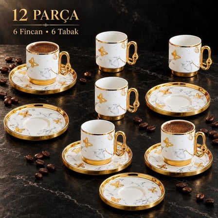 Valkyrie 12 Parça 6 Kişilik 80 ml Türk Kahvesi Fincan Takımı Gold Kelebek Desenli K651-B 
