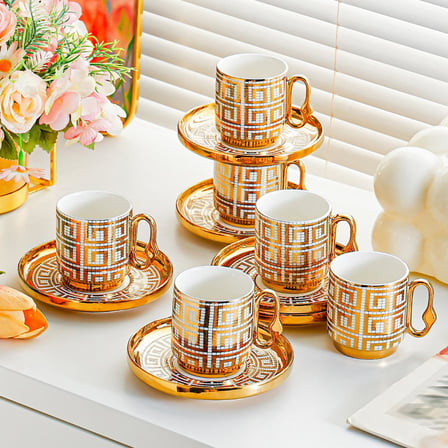 Valkyrie 12 Parça 6 Kişilik 80 ml Geometrik Desenli Türk Kahvesi Fincan Takımı Gold K651-C 