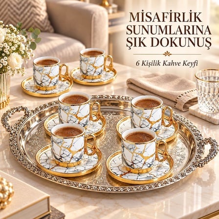 Valkyrie 12 Parça 6 Kişilik 80 ml Türk Kahvesi Fincan Takımı Gold Mermer Desenli