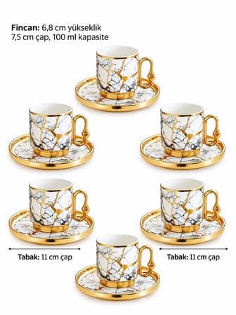 Valkyrie 12 Parça 6 Kişilik 80 ml Türk Kahvesi Fincan Takımı Gold Mermer Desenli