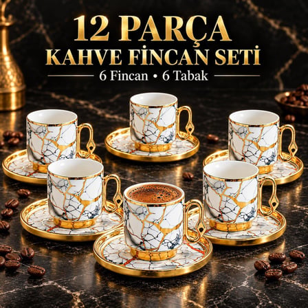 Valkyrie 12 Parça 6 Kişilik 80 ml Türk Kahvesi Fincan Takımı Gold Mermer Desenli