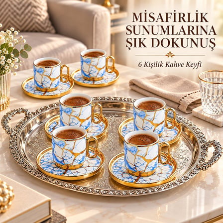 Valkyrie 12 Parça 6 Kişilik 80 ml Türk Kahvesi Fincan Takımı Mavi Gold Mermer Desenli K653 mavi