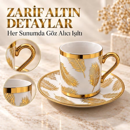 Valkyrie 12 Parça 6 Kişilik 80 ml Türk Kahvesi Fincan Takımı Gold Yaprak Desenli K654-B