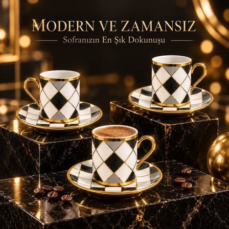 Valkyrie 6 Kişilik 12 Parça Türk Kahvesi Fincan Seti Gold Kulplu Siyah Beyaz Baklava Desen K654-C