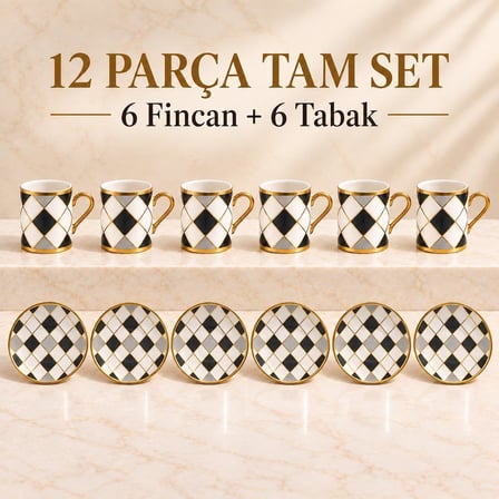 Valkyrie 6 Kişilik 12 Parça Türk Kahvesi Fincan Seti Gold Kulplu Siyah Beyaz Baklava Desen K654-C