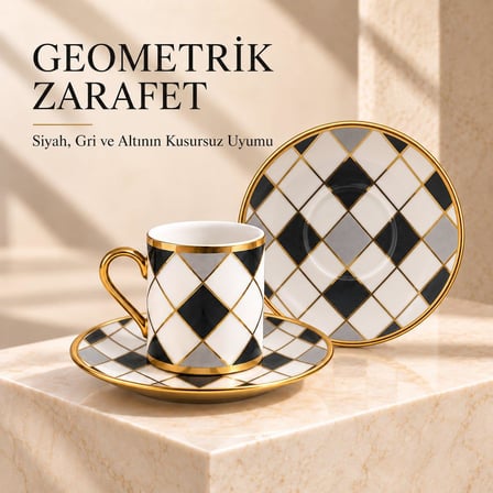 Valkyrie 6 Kişilik 12 Parça Türk Kahvesi Fincan Seti Gold Kulplu Siyah Beyaz Baklava Desen K654-C