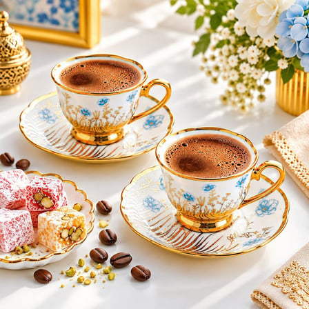 Valkyrie 6 Kişilik 13 Parça Türk Kahvesi Fincan Takımı Standlı 90 ml Mavi Çiçek Gold Detaylı K655 Mavi