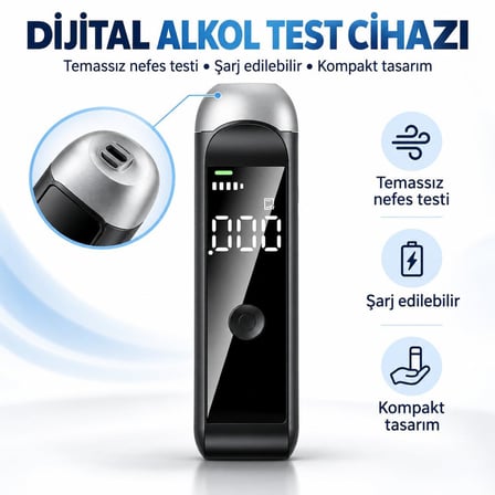 Valkyrie Dijital Alkol Test Cihazı Şarjlı Type-C Temassız Nefes Ölçer LED Ekranlı Taşınabilir