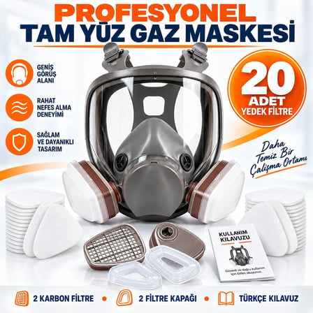 Valkyrie Profesyonel Tam Yüz Gaz Maskesi Çift Filtreli 20 Yedek Filtreli Ayarlanabilir Koruyucu Maske