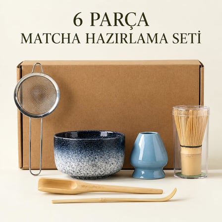 Valkyrie 6 Parça Matcha Hazırlama Seti Bambu Çırpıcı Seramik Kase Süzgeç Ölçü ve Kaşık Mavi