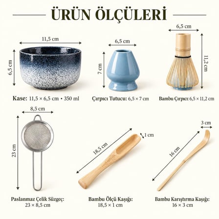 Valkyrie 6 Parça Matcha Hazırlama Seti Bambu Çırpıcı Seramik Kase Süzgeç Ölçü ve Kaşık Mavi