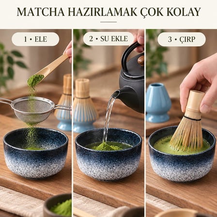 Valkyrie 6 Parça Matcha Hazırlama Seti Bambu Çırpıcı Seramik Kase Süzgeç Ölçü ve Kaşık Mavi