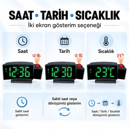 Valkyrie Projeksiyonlu Dijital Masa Saati Yeşil LED Ekranlı Alarm Snooze Sıcaklık Tarih USB ve Pil