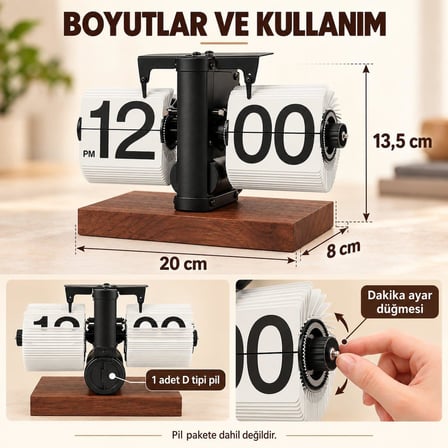 Retro Yapraklı Masa Saati Ahşap Tabanlı Sessiz Mekanizmalı Flip Clock Ev Ofis Kafe Dekoratif Saat Byz