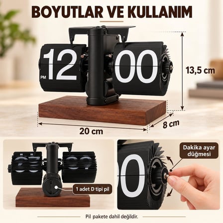 Retro Yapraklı Masa Saati Ahşap Tabanlı Sessiz Mekanizmalı Flip Clock Ev Ofis Kafe Dekoratif Saat Syh
