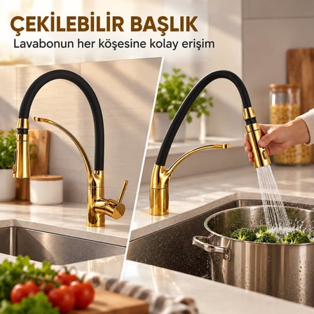 Valkyrie Çekilebilir Başlıklı Mutfak Bataryası 2 Akışlı Esnek Hortumlu Altın Siyah