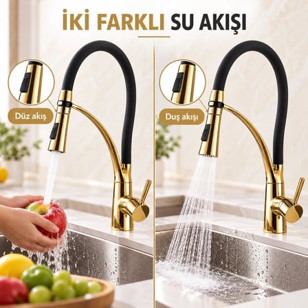 Valkyrie Çekilebilir Başlıklı Mutfak Bataryası 2 Akışlı Esnek Hortumlu Altın Siyah