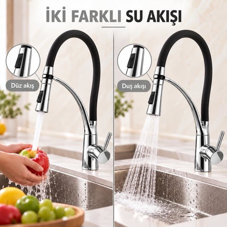 Valkyrie Çekilebilir Başlıklı Mutfak Bataryası 2 Akışlı Esnek Hortumlu Gümüş