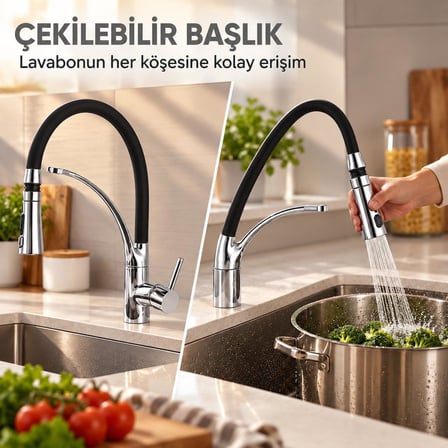 Valkyrie Çekilebilir Başlıklı Mutfak Bataryası 2 Akışlı Esnek Hortumlu Gümüş