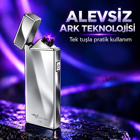 Valkyrie X8 USB Şarjlı Elektronik Ark Çakmak Alevsiz Rüzgara Dayanıklı Metalik Gümüş