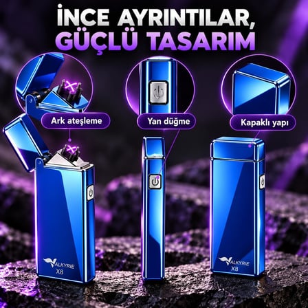 Valkyrie X8 USB Şarjlı Elektronik Ark Çakmak Alevsiz Rüzgara Dayanıklı Metalik Mavi