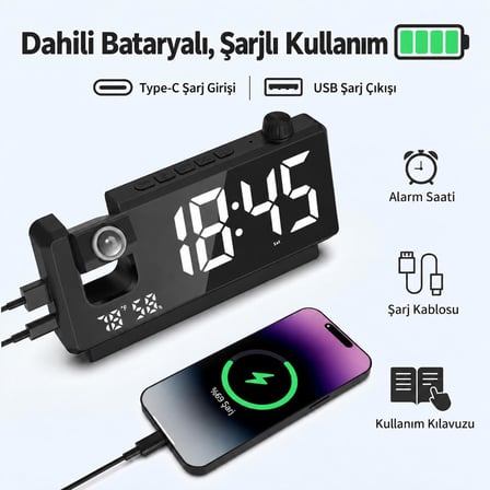 Valkyrie Projeksiyonlu Dijital Alarm Saat Dahili Bataryalı LED Ekranlı USB Şarj Çıkışlı