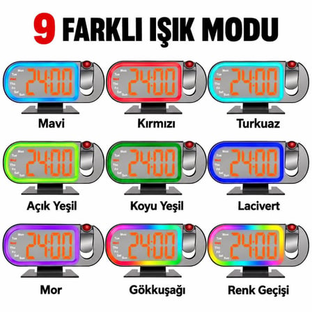 Valkyrie RGB Işıklı Projeksiyonlu Dijital Alarm Saat 17 Modlu LED Ekranlı Çalar Saat