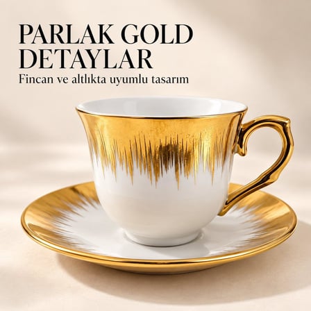 Valkyrie 6 Kişilik Gold Detaylı Porselen Türk Kahvesi Fincan Takımı Standlı 90 ml 12 Parça