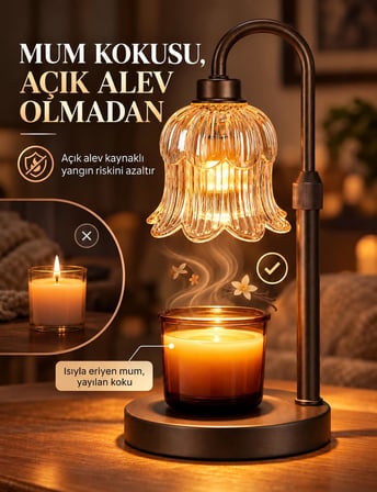Valkyrie Ayarlanabilir Mum Isıtma Lambası Çiçek Cam Başlıklı Zaman Ayarlı 4 Kademeli Işık 2 Ampullü