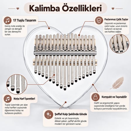 Valkyrie 17 Tuşlu Kalp Şeklinde Kalimba Şeffaf Akrilik Başparmak Piyanosu Nota Etiketli Çantalı Set