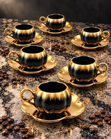 Valkyrie 6 Kişilik Siyah Gold Balkabağı Model Türk Kahvesi Fincan Takımı 12 Parça 80 ml Çeyizlik Siyah