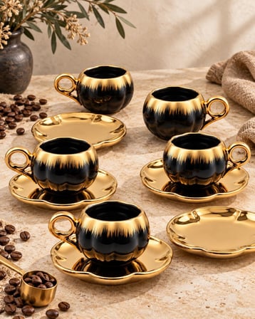 Valkyrie 6 Kişilik Siyah Gold Balkabağı Model Türk Kahvesi Fincan Takımı 12 Parça 80 ml Çeyizlik Siyah