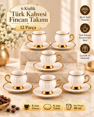 Valkyrie 6 Kişilik Beyaz Gold Türk Kahvesi Fincan Takımı 12 Parça Hediyelik Çeyizlik Fincan Set
