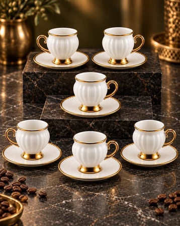 Valkyrie 6 Kişilik Beyaz Gold Türk Kahvesi Fincan Takımı 12 Parça Hediyelik Çeyizlik Fincan Set