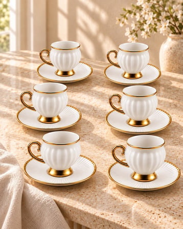 Valkyrie 6 Kişilik Beyaz Gold Türk Kahvesi Fincan Takımı 12 Parça Hediyelik Çeyizlik Fincan Set