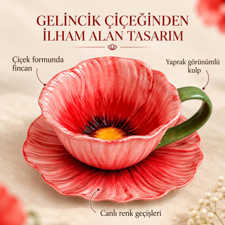 Valkyrie Gelincik Serisi Çiçek Tasarımlı Fincan ve Tabak Seti 350 ml Dekoratif Kahve Çay Fincanı Krm