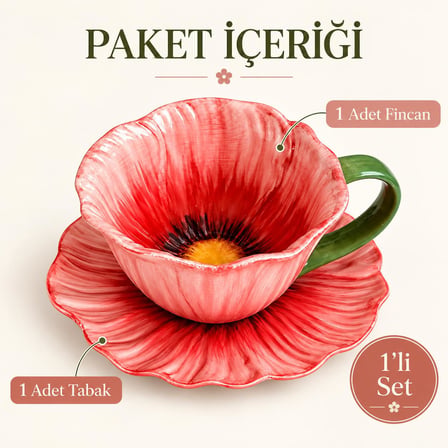 Valkyrie Gelincik Serisi Çiçek Tasarımlı Fincan ve Tabak Seti 350 ml Dekoratif Kahve Çay Fincanı Krm