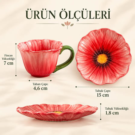 Valkyrie Gelincik Serisi Çiçek Tasarımlı Fincan ve Tabak Seti 350 ml Dekoratif Kahve Çay Fincanı Krm