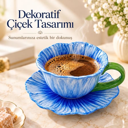 Valkyrie Gelincik Serisi Çiçek Tasarımlı Fincan ve Tabak Seti 350 ml Dekoratif Kahve Çay Fincanı Mavi