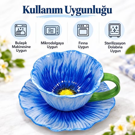 Valkyrie Gelincik Serisi Çiçek Tasarımlı Fincan ve Tabak Seti 350 ml Dekoratif Kahve Çay Fincanı Mavi