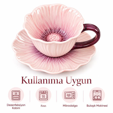 Valkyrie Gelincik Serisi Çiçek Tasarımlı Fincan ve Tabak Seti 350 ml Dekoratif Kahve Çay Fincanı pmb