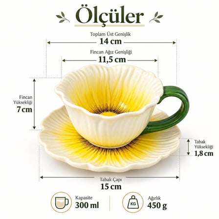 Valkyrie Gelincik Serisi Çiçek Tasarımlı Fincan ve Tabak Seti 350 ml Dekoratif Kahve Çay Fincanı Sarı