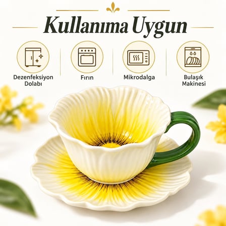 Valkyrie Gelincik Serisi Çiçek Tasarımlı Fincan ve Tabak Seti 350 ml Dekoratif Kahve Çay Fincanı Sarı