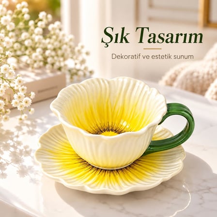 Valkyrie Gelincik Serisi Çiçek Tasarımlı Fincan ve Tabak Seti 350 ml Dekoratif Kahve Çay Fincanı Sarı